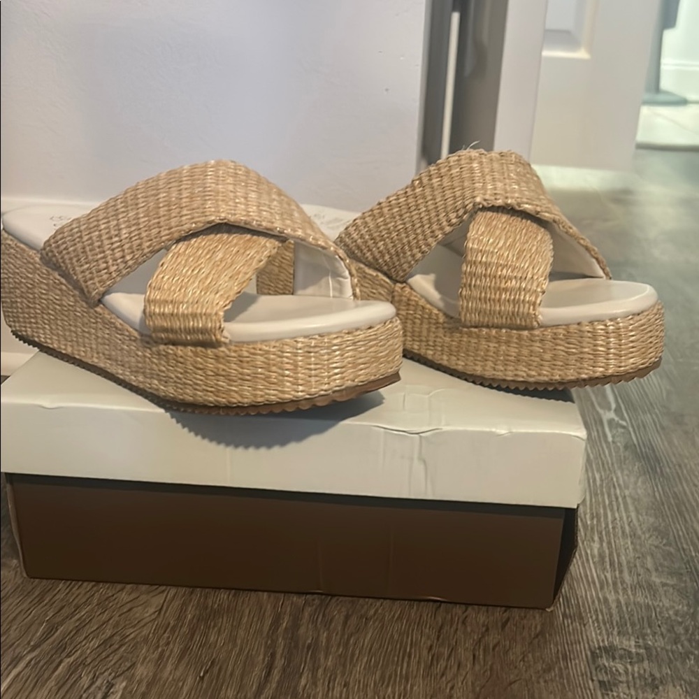 Tan Espadrille Platform Shoes with Woven Texture